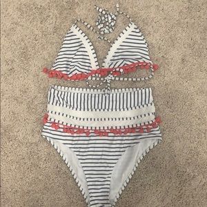 Striped high waisted bikini. With pompoms.
